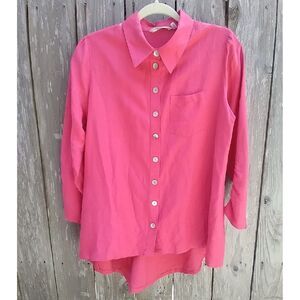 Soft Surroundings size M linen tunic blouse pink asymmetric hem full button
